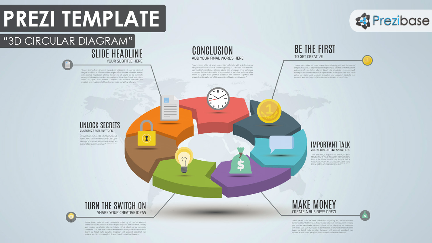 circle diagram with icons creative zoom chart prezi template 3d circular pie chart diagram prezi template