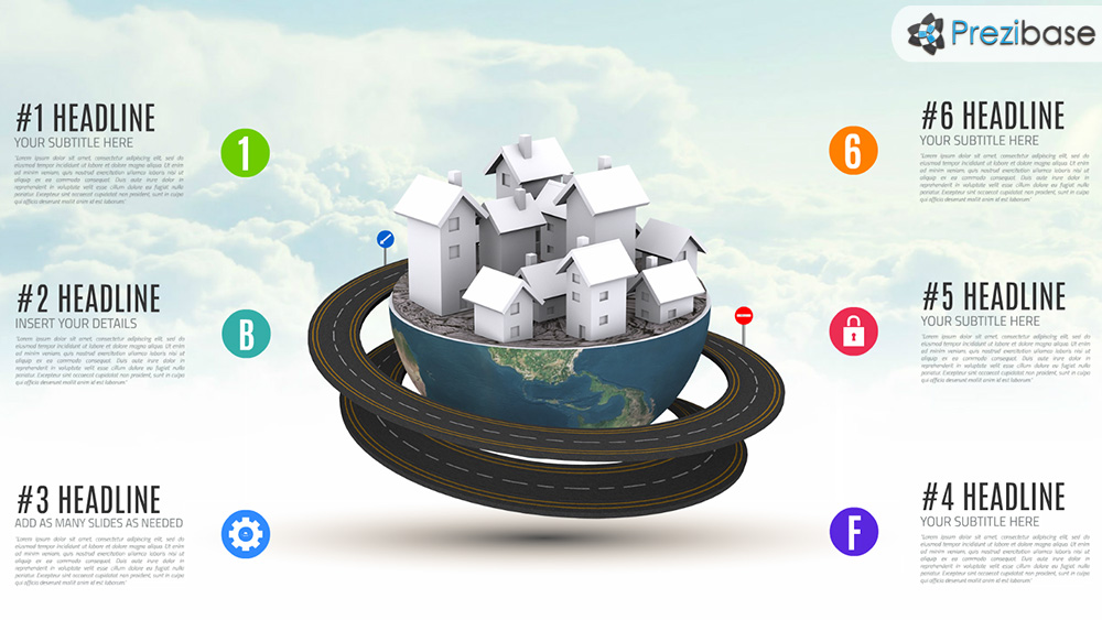 3D globe planet small city world with houses prezi presentation template
