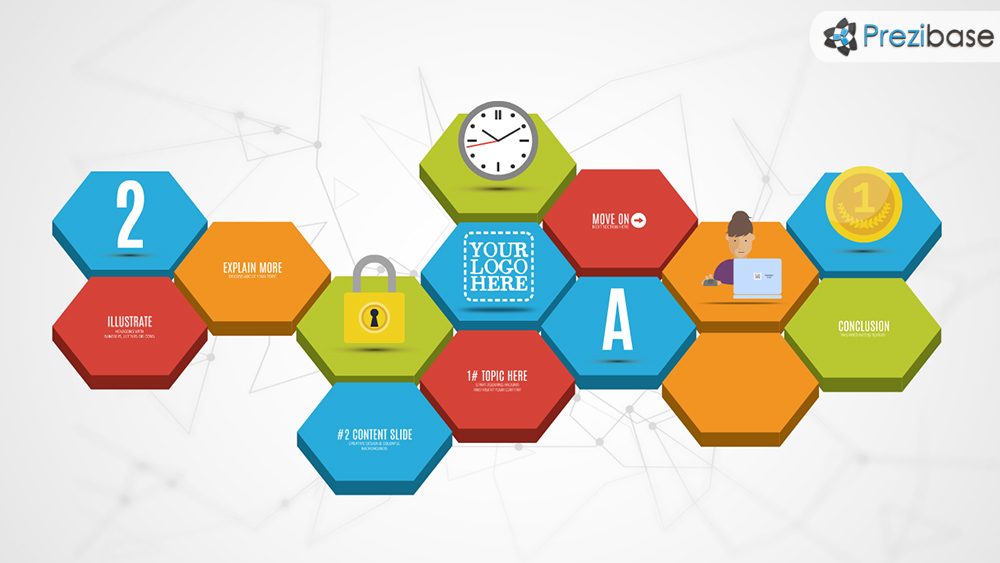 Creative 3D hexagon design diagram presentation prezi template