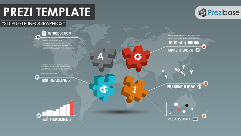3d jigsaw puzzle creative topic explain prezi template 3d jigsaw pieces puzzle world map business diagram prezi template