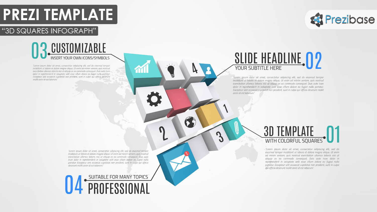 3d cubes and squares ideas business prezi template 3D Squares cubes world map business prezi template