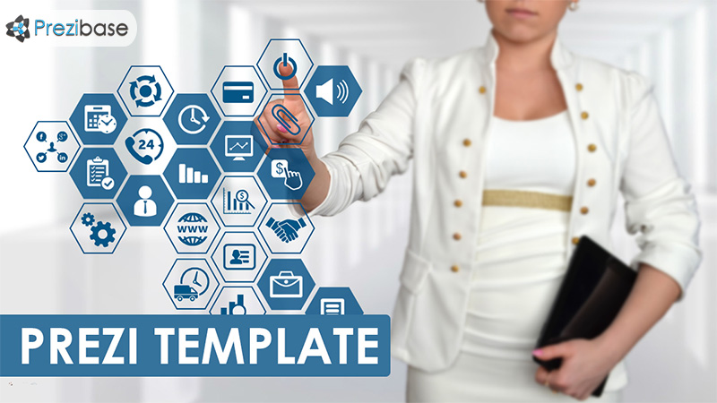 BUsinesswoman touchscreen hover display presentation template for prezi