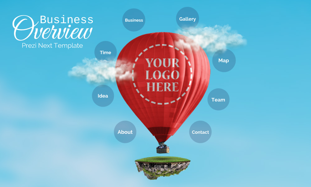 Business overview hot air balloon in sky prezi next presentation template