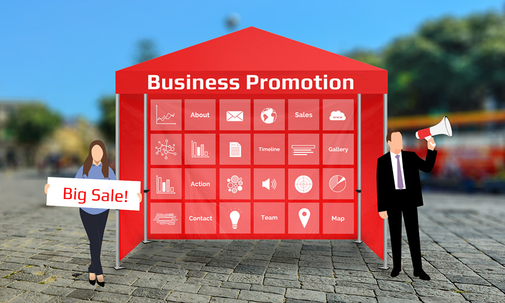 Business promotion and advertising with pop up promo tent marketing presentation prezi template