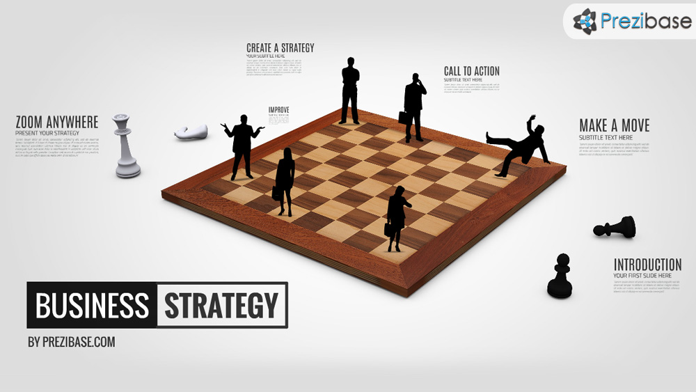 Business strategy with chess table board and silhouettes prezi presentation template