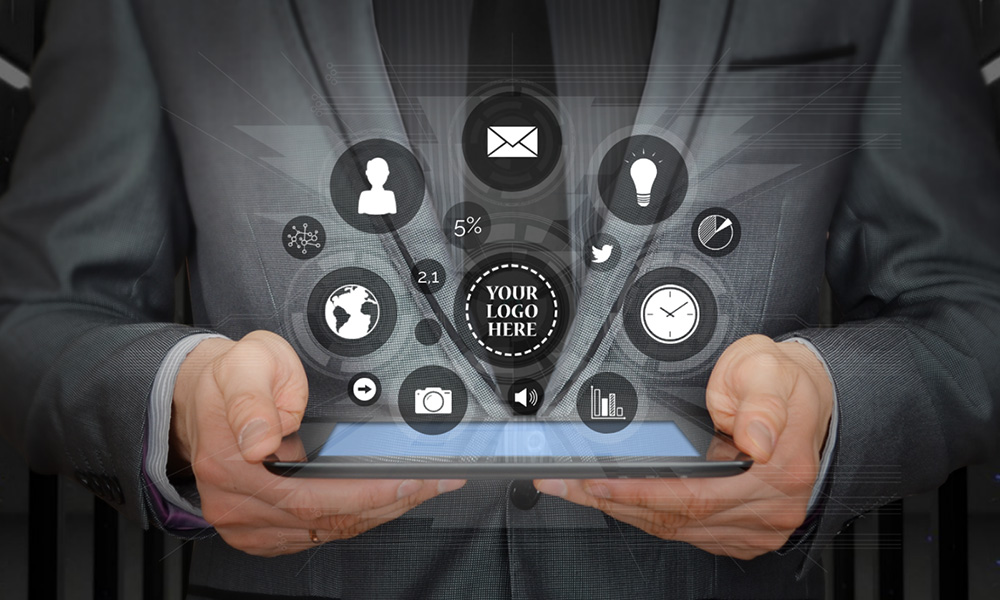 Digital overview businessman with ipad hologram prezi next presentation template template
