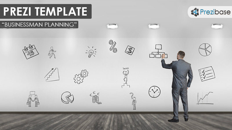 businessman writing business plan sketch to wall prezi template