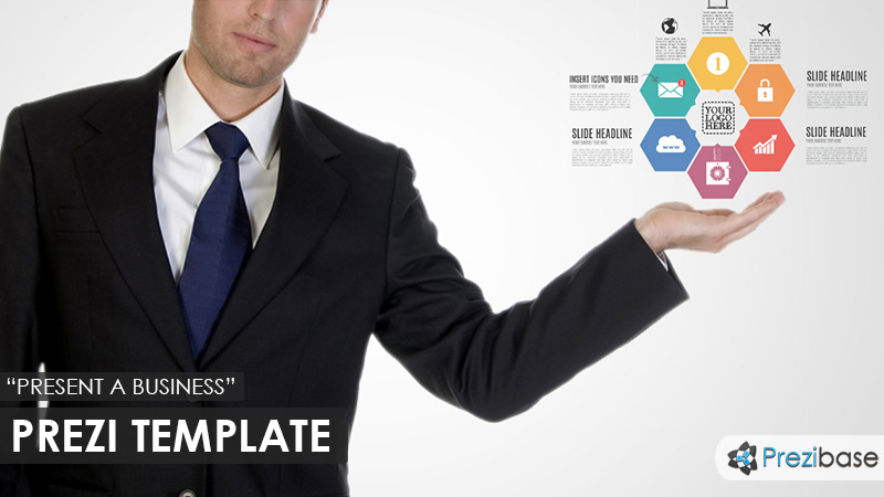 businessman presenting company hexagon prezi template