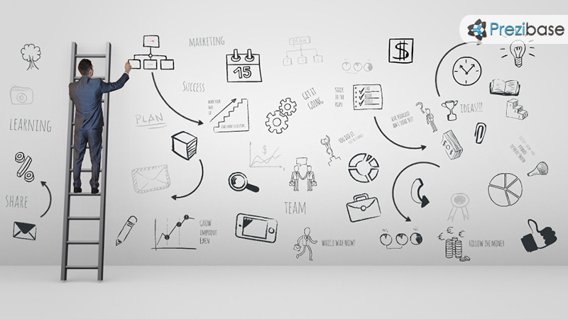 Creative business plans on wall businessman with ladder ideas prezi template