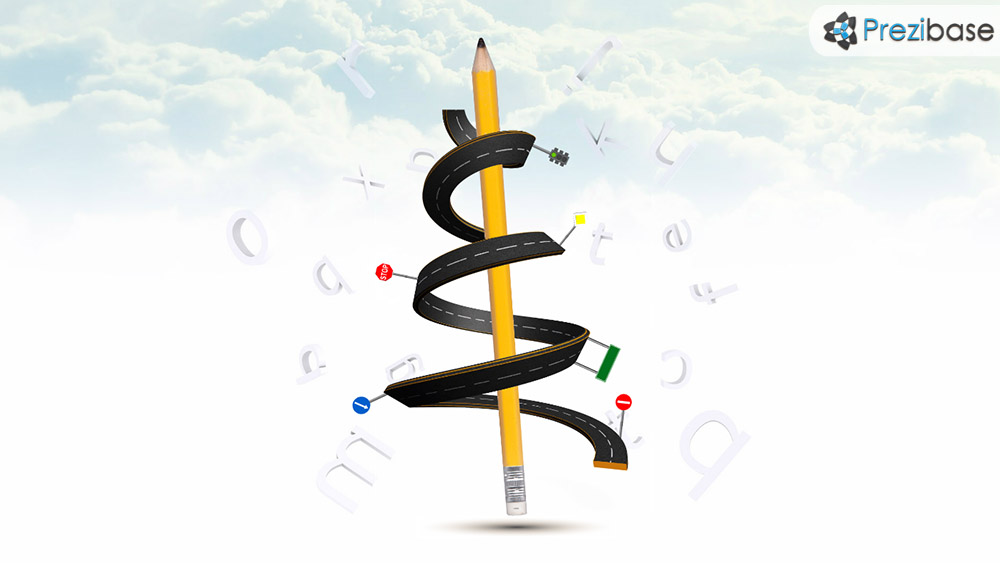 Creative 3D road around pencil into sky with traffic signs prezi template for presentations