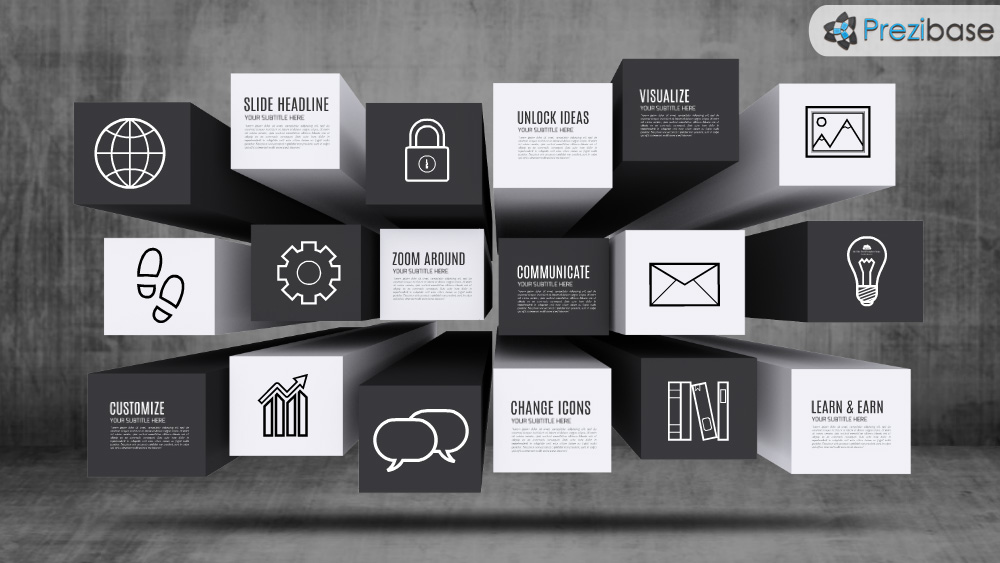 Black and white boxes on dark grunge background prezi template