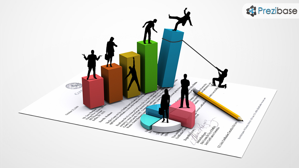 Creative 3D business economy concept illustration Prezi template for presentations