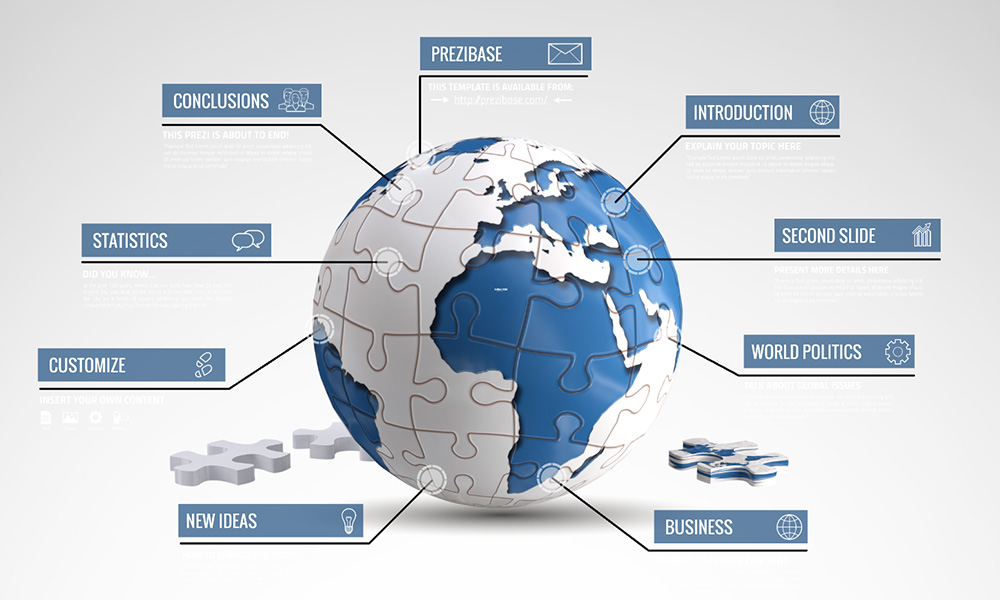 Global issue 3D world as jigsaw puzzle prezi presentation template