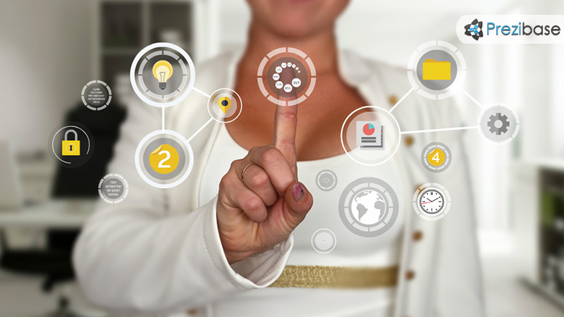Creative technology businesswoman touchscreen application prezi template for presentations hi tech screen