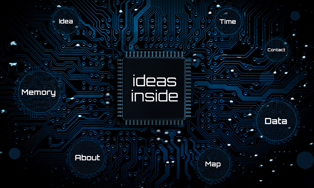 Idea processor with computer chip on motherboard technology themed presentation template for Prezi