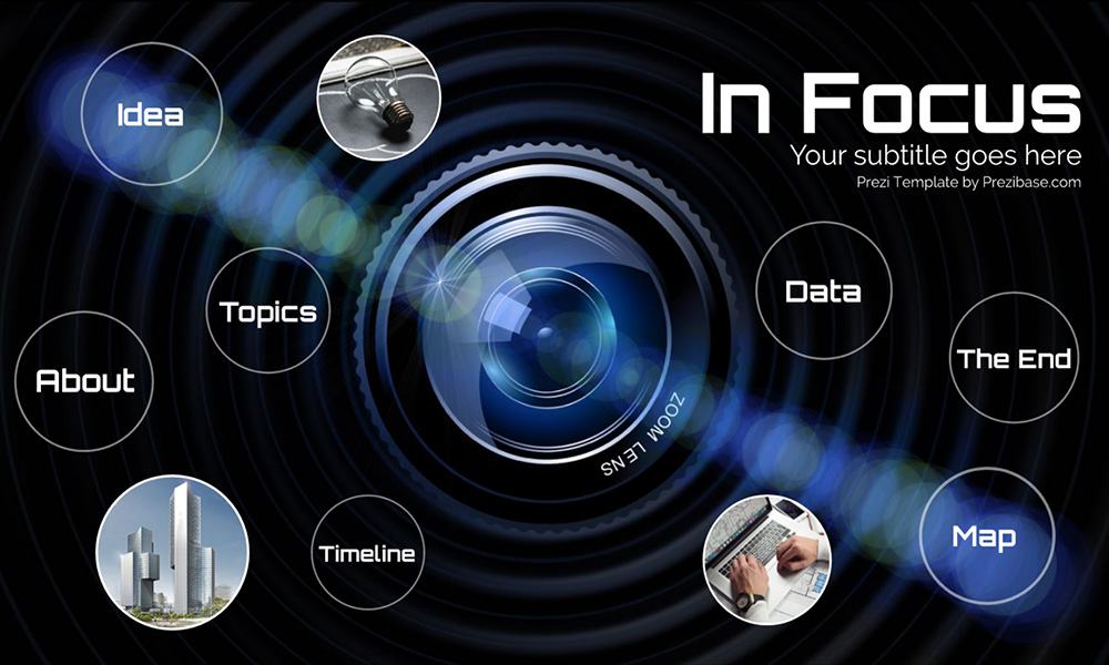 Photo camera lens press and media investigation prezi next presentation template