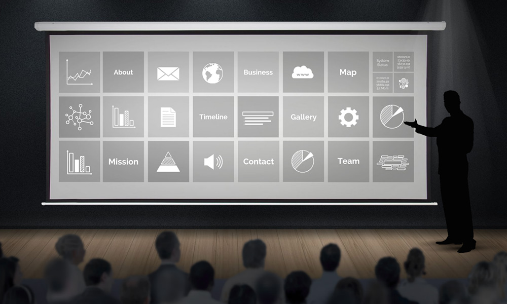 Display screen on stage business display on projector prezi next presentation template