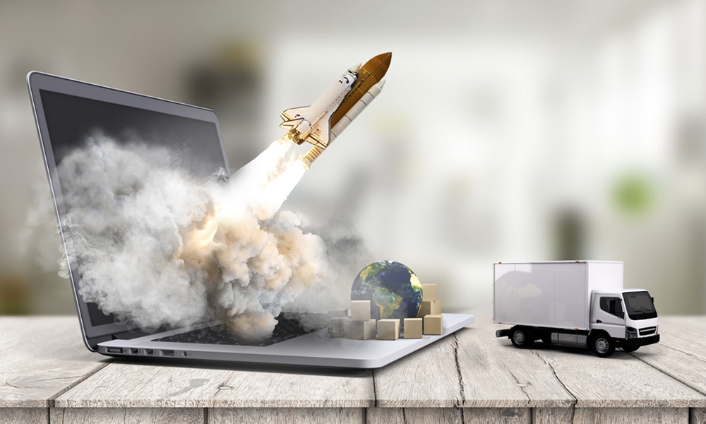 Project launch 3D rocket on laptop technology startup prezi next presentation template