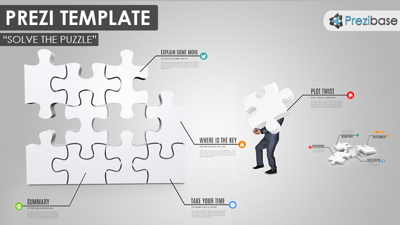 businessman with 3d puzzle jigsaw prezi template Businessman 3D Puzzle infographic prezi template