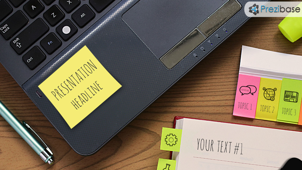 Office papers on desk notebook prezi presentation template