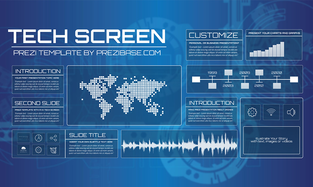 Creative blue technology screen Prezi Template for presentations Blue technology futuristic screen layout Prezi Template for presentations