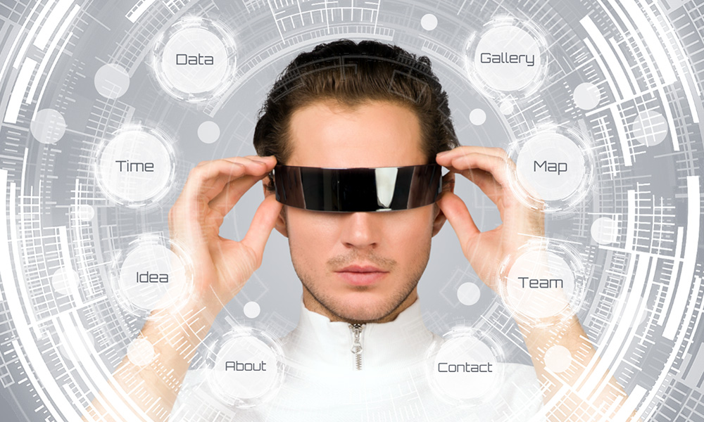 Future tech vision presentation prezi template with man wearing VR goggles and AR interface hovering in the air