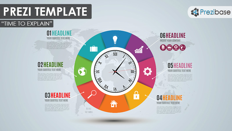 world map and clock colorful ideas prezi template Colorful circle clock time business prezi template ideas
