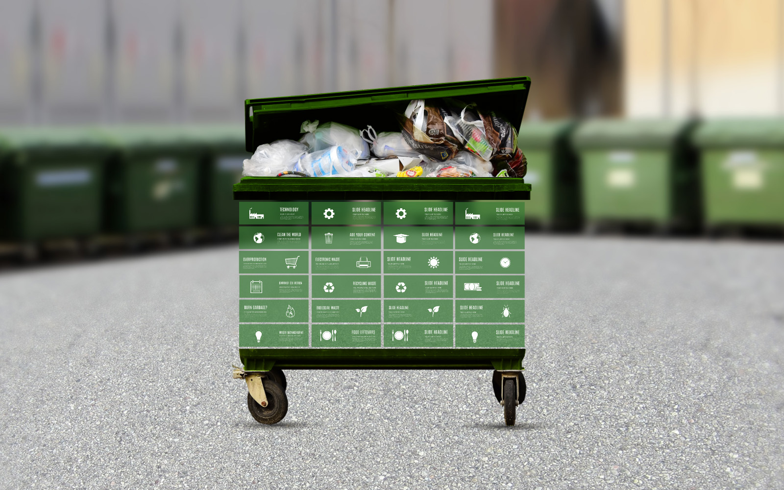 Waste management green garbage container prezi presentation template