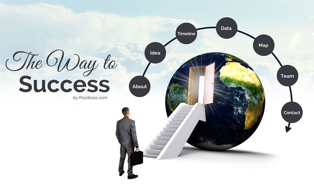 3D world with stairs and businessman prezi next presentation template
