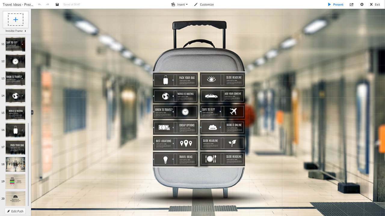 traveling suitcase with infographic tiles