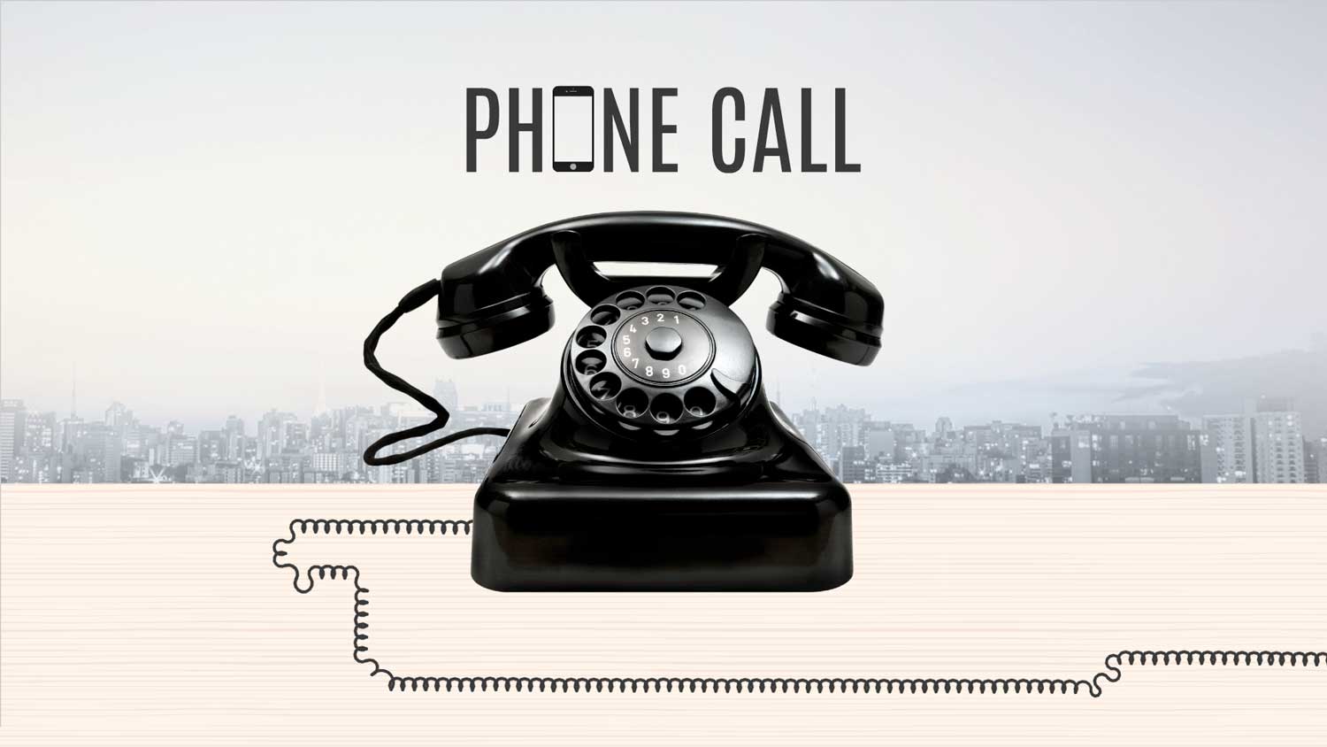 Prezi template - Old black Retro telephone on the light wood table for contact in front a background of an aerial view of the city skyline at early morning