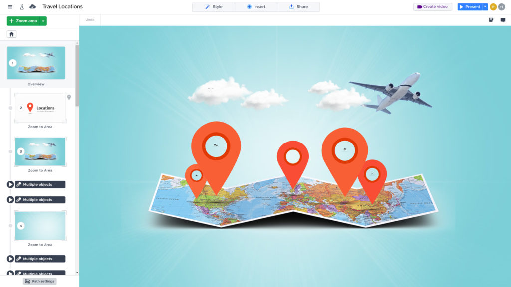 3D folded map with clouds and airplane