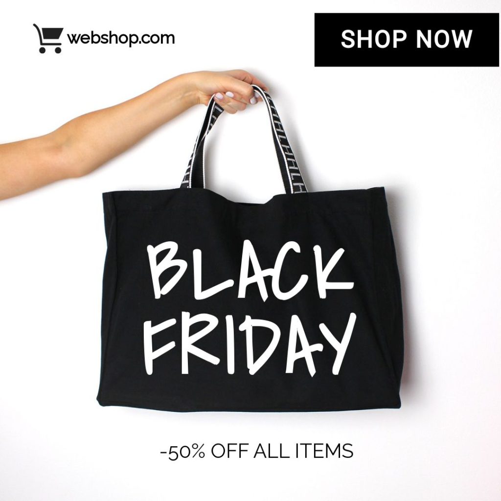 Creative banner design template featuring a hand holding a black bag. Good online banner maker. Promote your Black Friday Campaign.