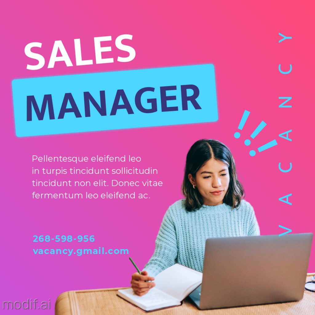 Software Development Company Manager Job Recruitment Template. Create your own hiring design. The model has a girl sitting at the computer.