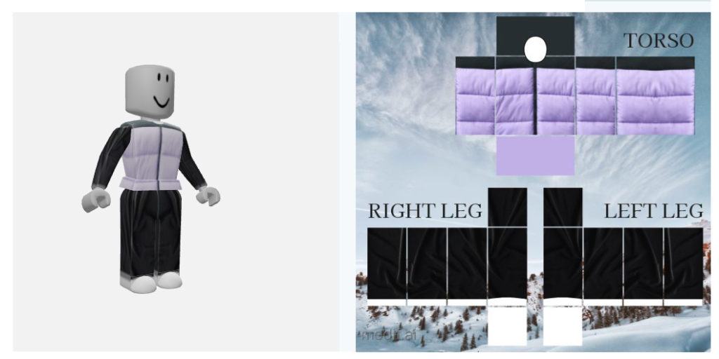 this is a Roblox Winter Clothes Design Template. Stylish clothes with purple and black. Creative Roblox Clothing Template.