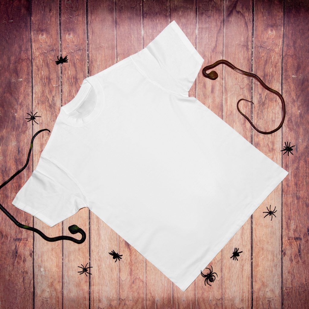 t-shirt on a wood background with spiders and snakes next to it