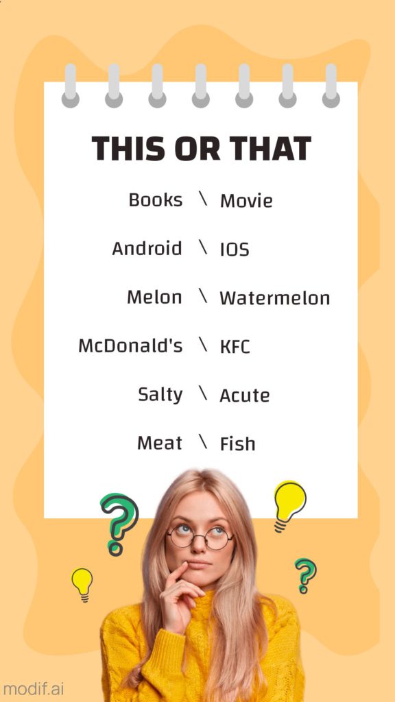 This or that Instagram story template. Create your own story with this calendar design template. The design features a girl who is thoughtful.