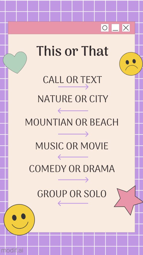 Create one or another Instagram story design template. Purple template with faces of emotions.
