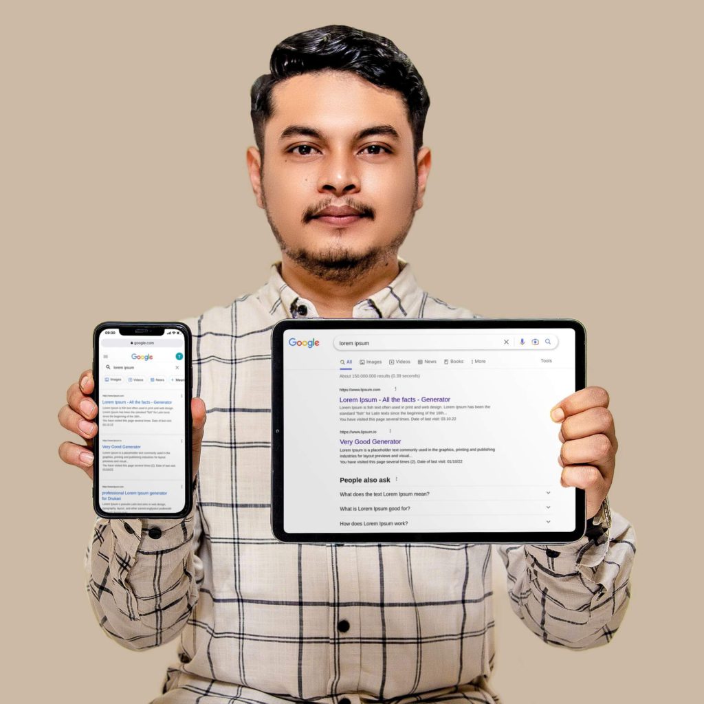 man holding ipad and ipad to show off google serarch results