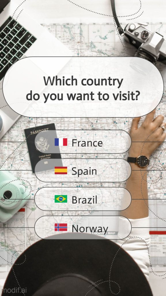 This is a cool Instagram story template. Create engaging Instagram content for your fans. This cool template has a woman looking at a map, a laptop, a passport and a camera. Create a cool Instagram story about travel, history or photography.